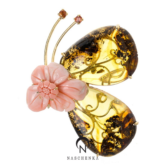 [나스첸카] 호박 나비야 _ 호박 브로치 산호 브로치