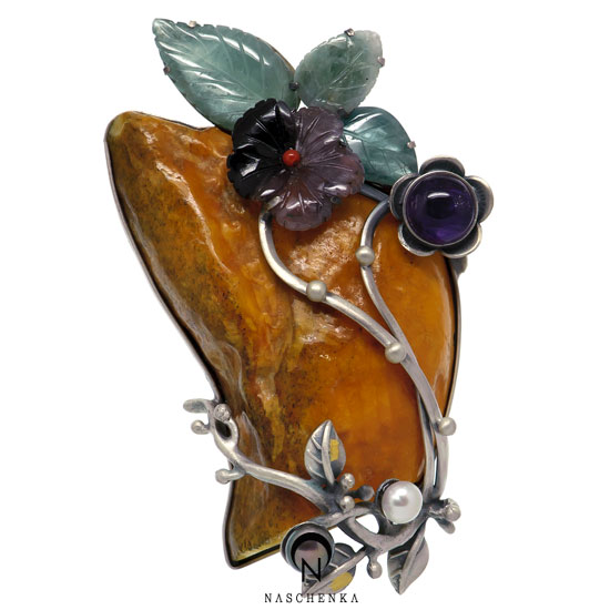 [나스첸카] 밀화 나무 [실버 수공예 호박 토르마린 브로치]