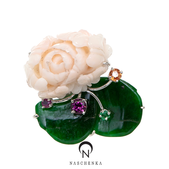 [나스첸카] 미니국화 꿀예쁨 [실버 수공예 산호 비취 브로치]