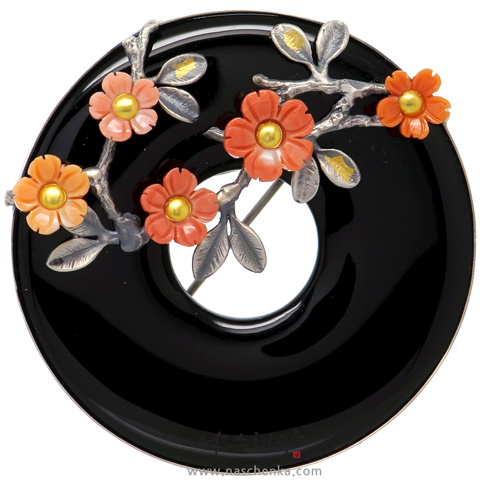 [나스첸카] 달빛홍화 [실버 수공예 오닉스 산호 브로치]