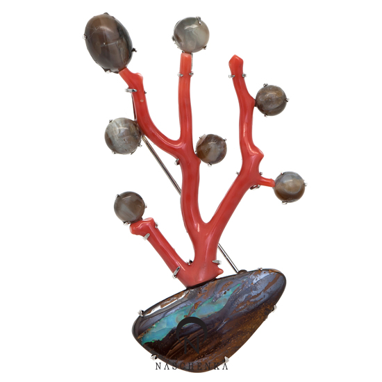 [나스첸카] 산호 오팔 나무 [실버 수공예 오팔 산호 브로치]