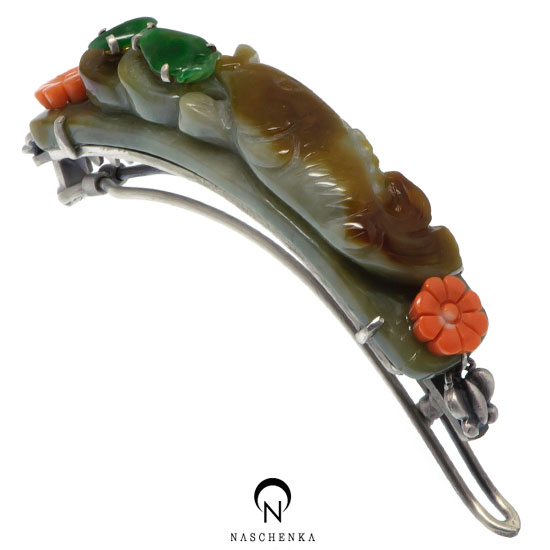 [나스첸카] G r e e n    D i a m o n d [실버 수공예 비취 산호 헤어핀]