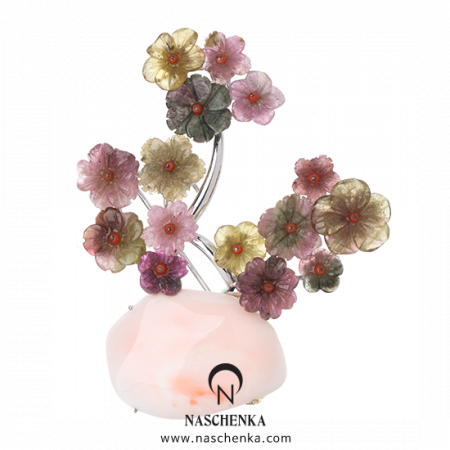 [나스첸카] 산호와 토르마린 소나무 _ 산호 브로치 토르마린 브로치