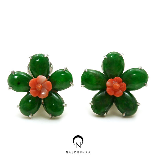 [나스첸카] 비취 봄눈 [실버 수공예 비취 산호 귀걸이]