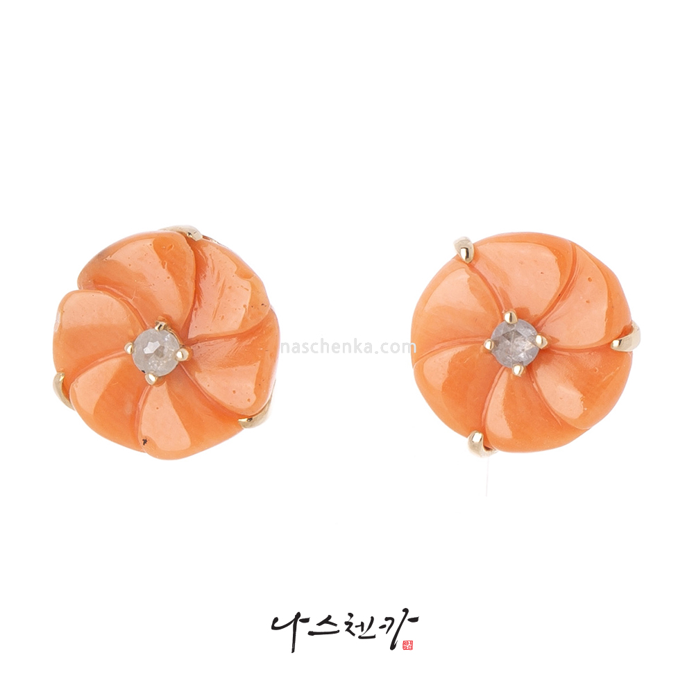  ڶ õ ȣ Ͱ _ Ʈ þī 14k Ͱ   Natural coral flower stud earrings gold with diamond