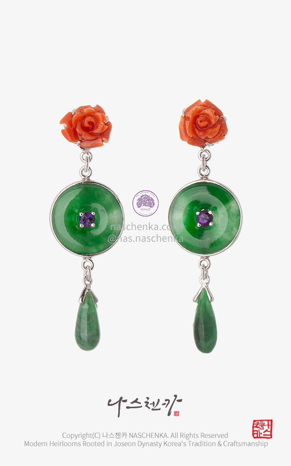 [나스첸카] 유색원석 한복 귀걸이 _ 비취 산호 댕글 귀걸이 