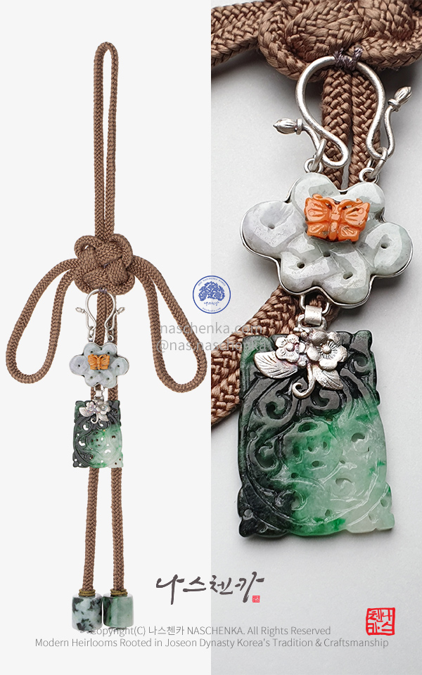 [나스첸카] 동심결매듭 비취운학(翡翠雲鶴) 명품 명주 비취 산호 노리개 Norigae 