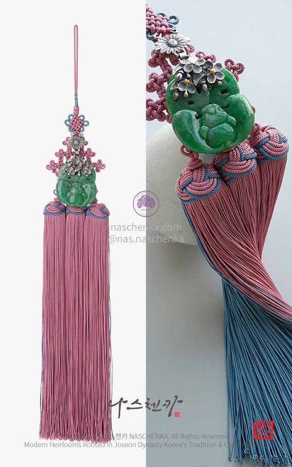 [나스첸카] 딥 블루 & 핑크 조화  은장인 금속공예 실크 비취 양면 노리개 