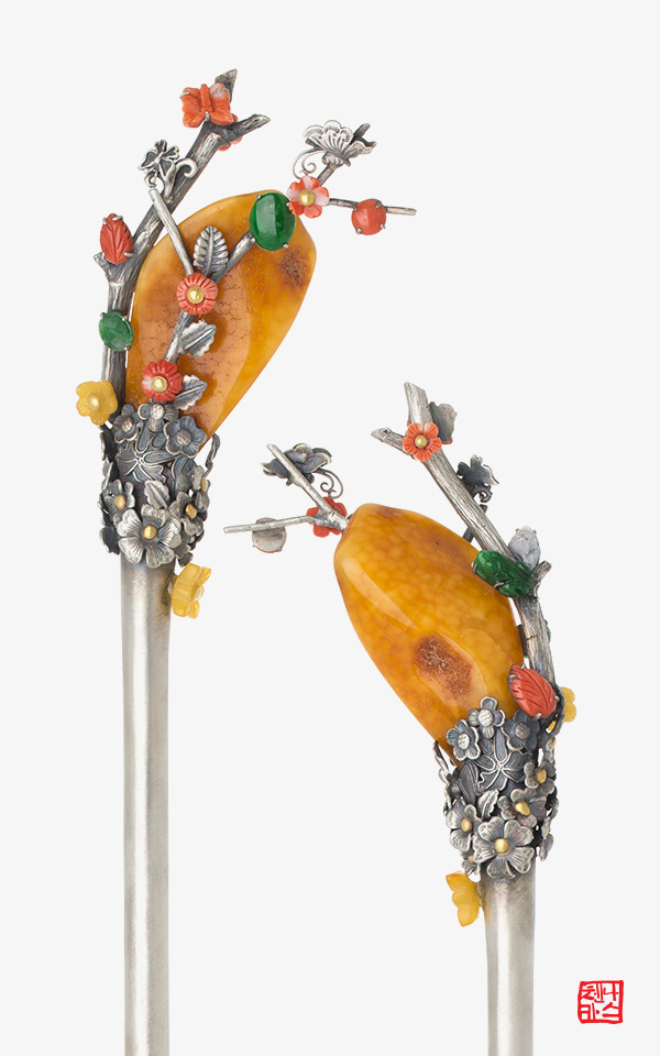 [나스첸카] 밀화 블로썸 2 _ 호박비녀 전통장신구 한복악세사리