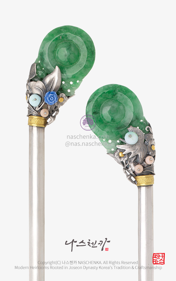 [나스첸카] 권력의 중심 7. 조선 비취 전통 비녀 — 고급 천연석 나스첸카 은세공 전통공예 비취 비녀