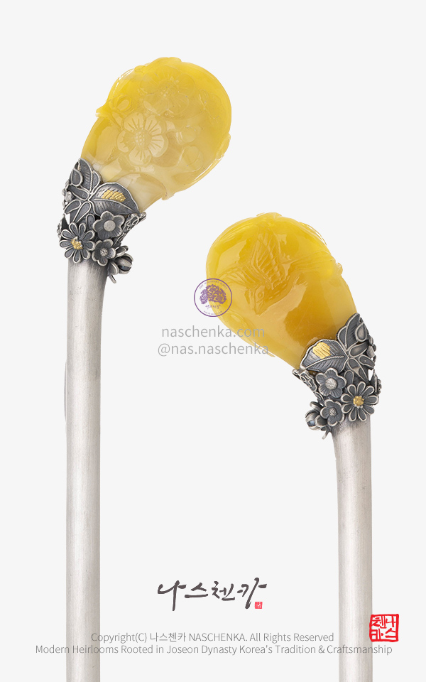 고급 전통 한복 비녀 [나스첸카] 천연 호박 화조도 은장인 수공 진품 호박 비녀 