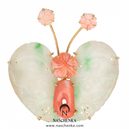 Butterfly jade coral brooch