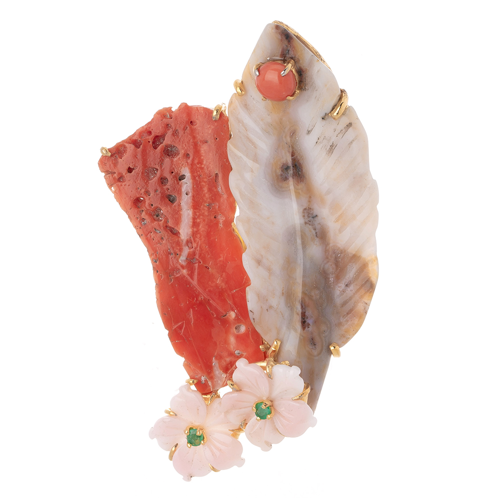 Coral gemstone brooch No. 2