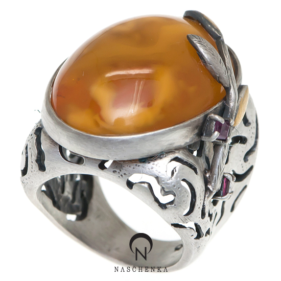 Amber silver ring
