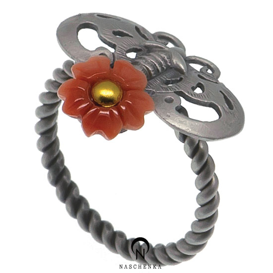 Bat coral silver ring