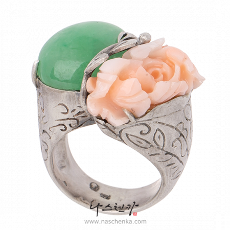 Chrysanthemum flower jade coral garakji rings