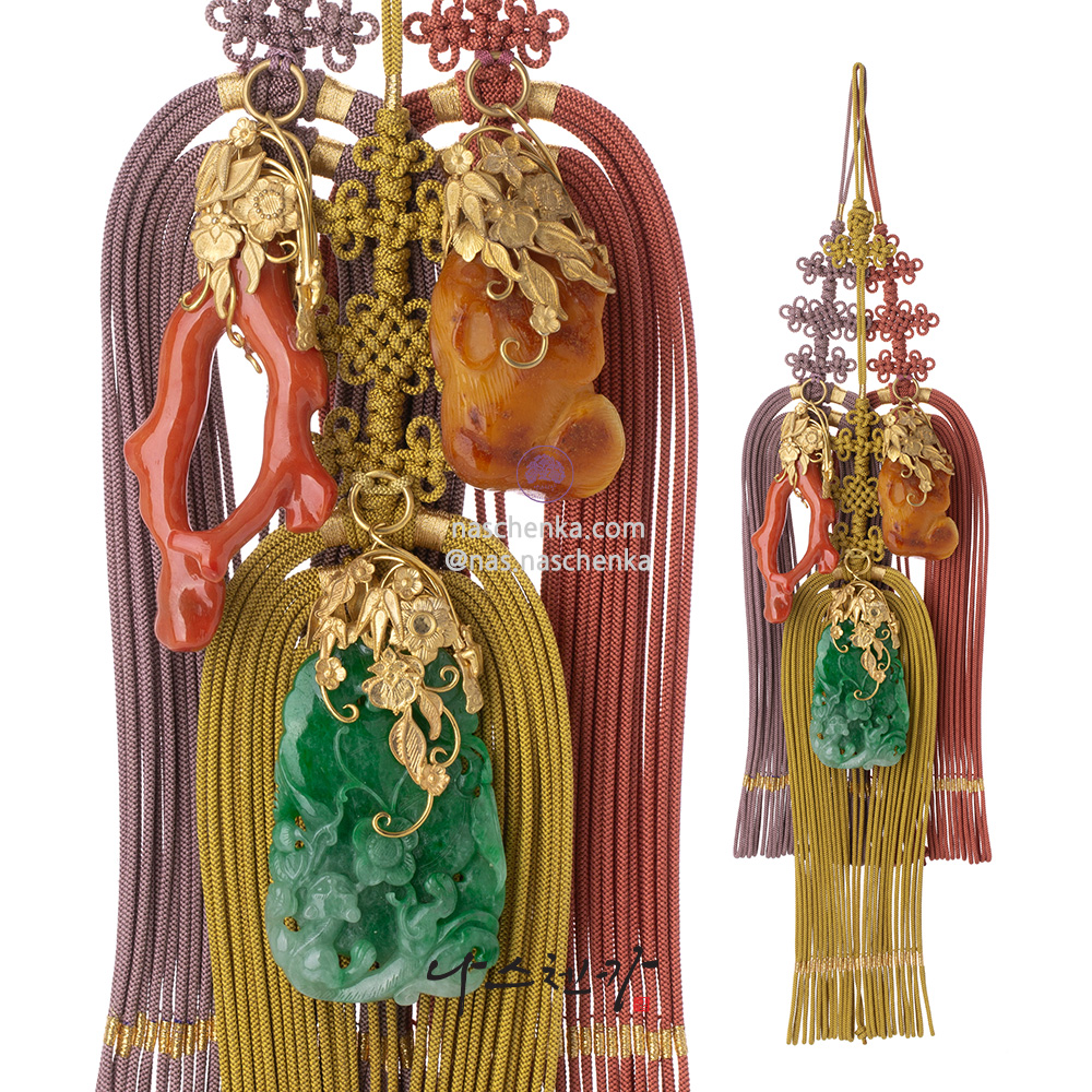 Samjak triple amber jade norigae pendant