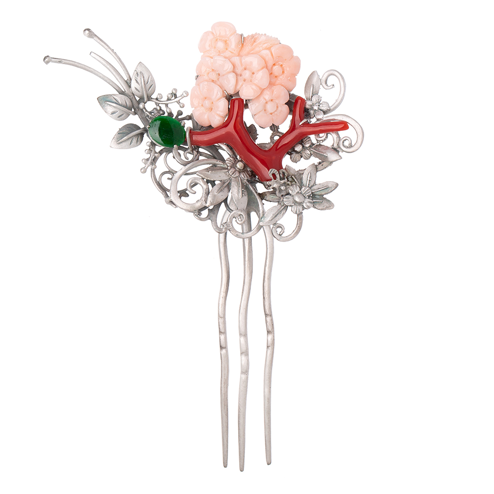 Coral silver dwikkoji hair ornament