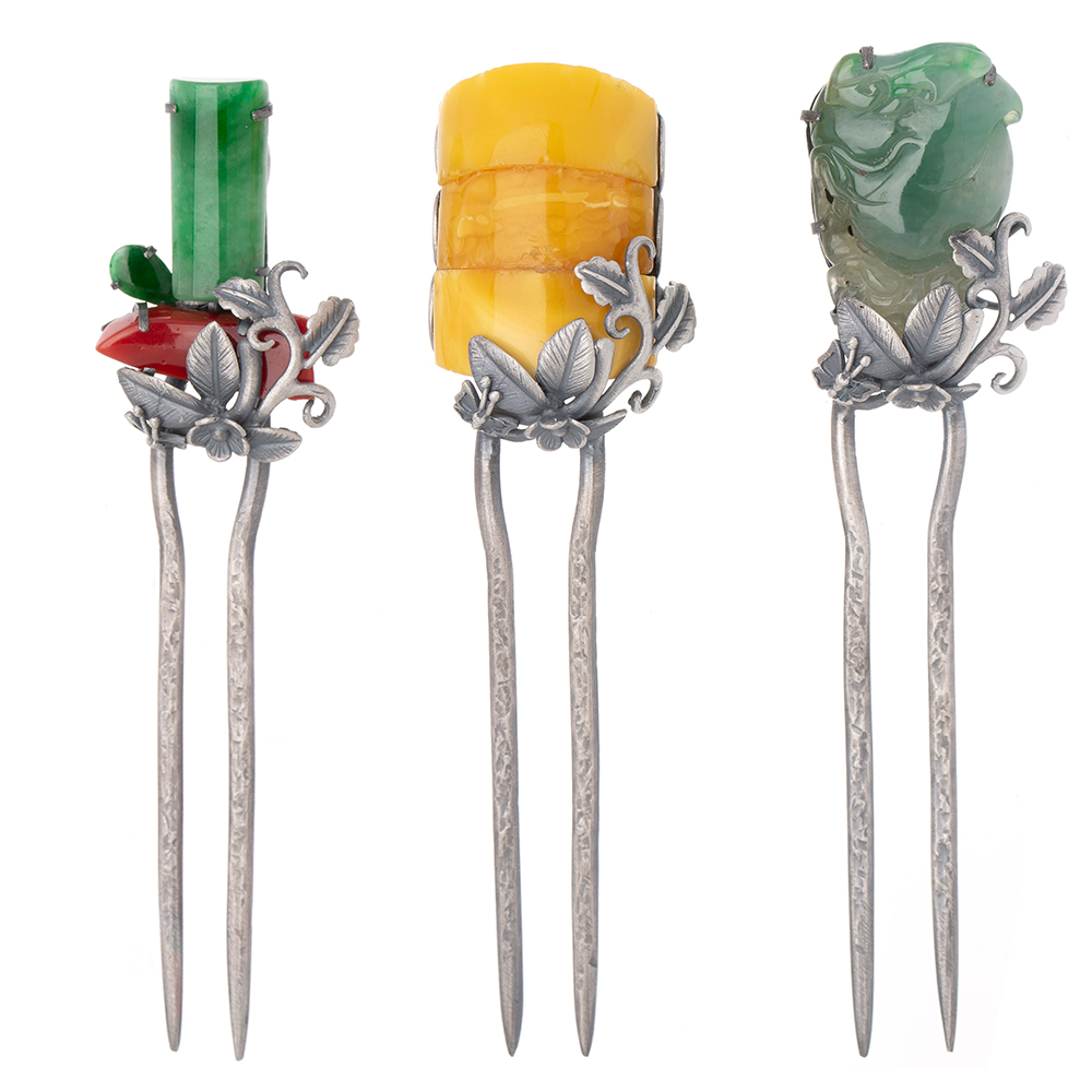 Samjak triple jade coral dwikkoji hair ornament