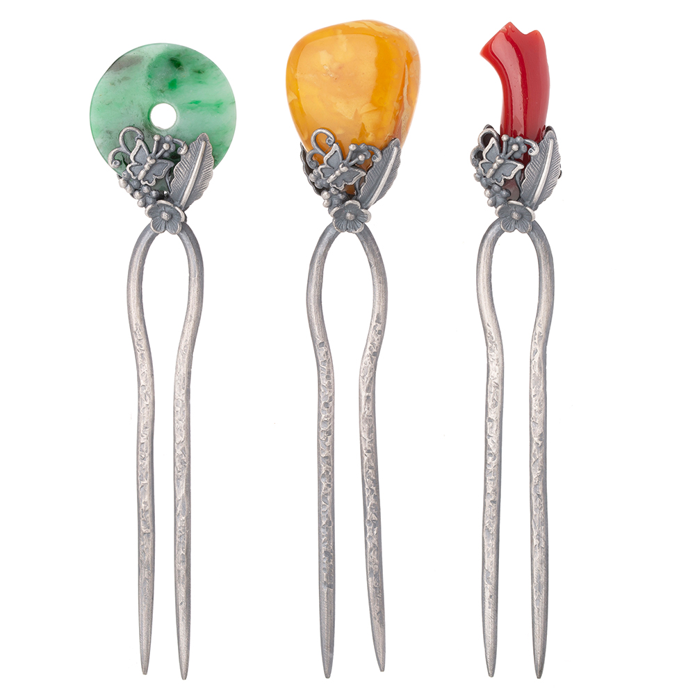 Samjak triple jade coral dwikkoji hair ornament