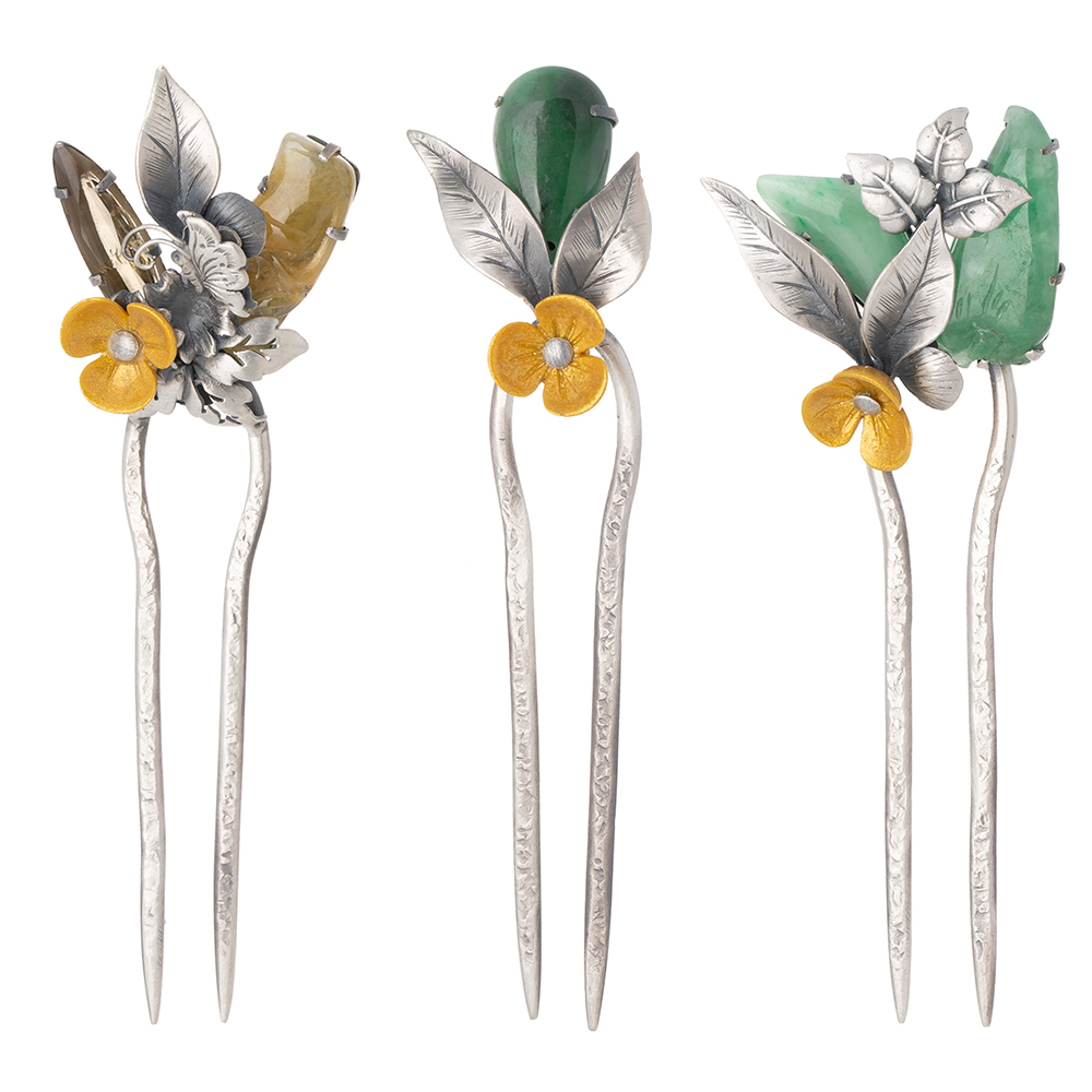 Samjak triple jade silver dwikkoji hair ornament
