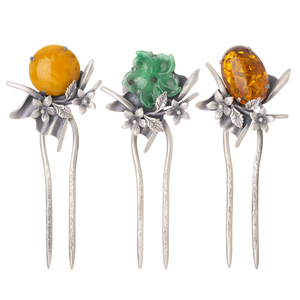 Samjak triple amber silver dwikkoji hair ornament