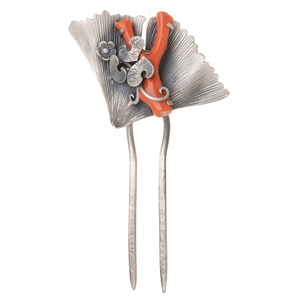 Coral silver dwikkoji hair ornament