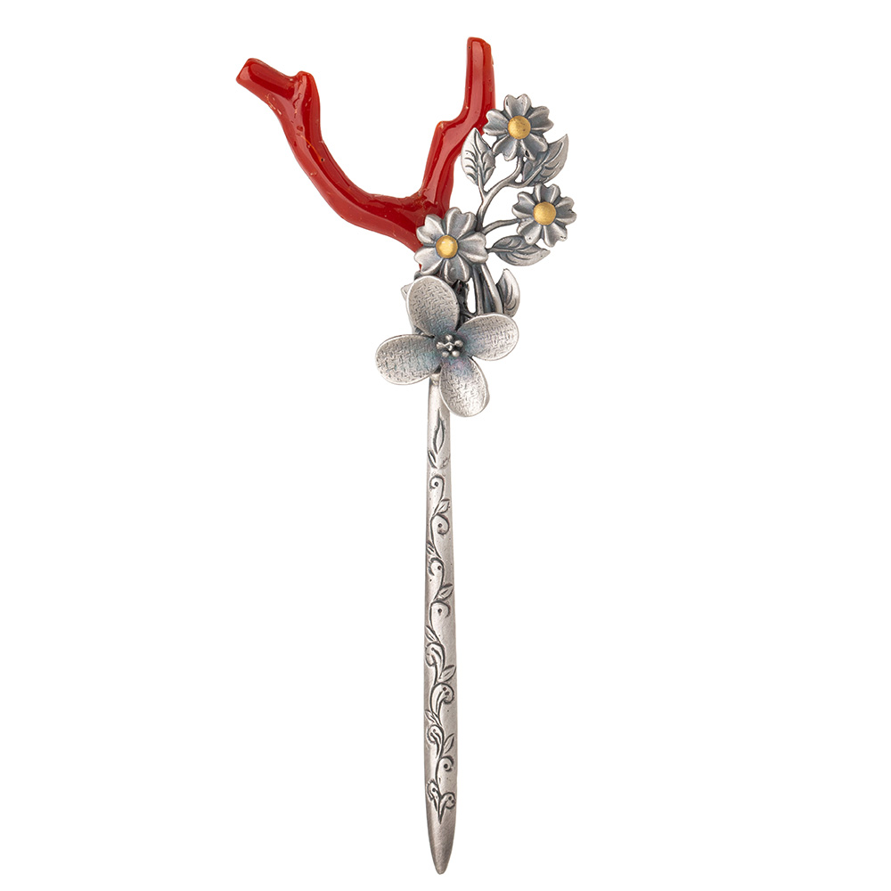 Coral silver dwikkoji hair ornament