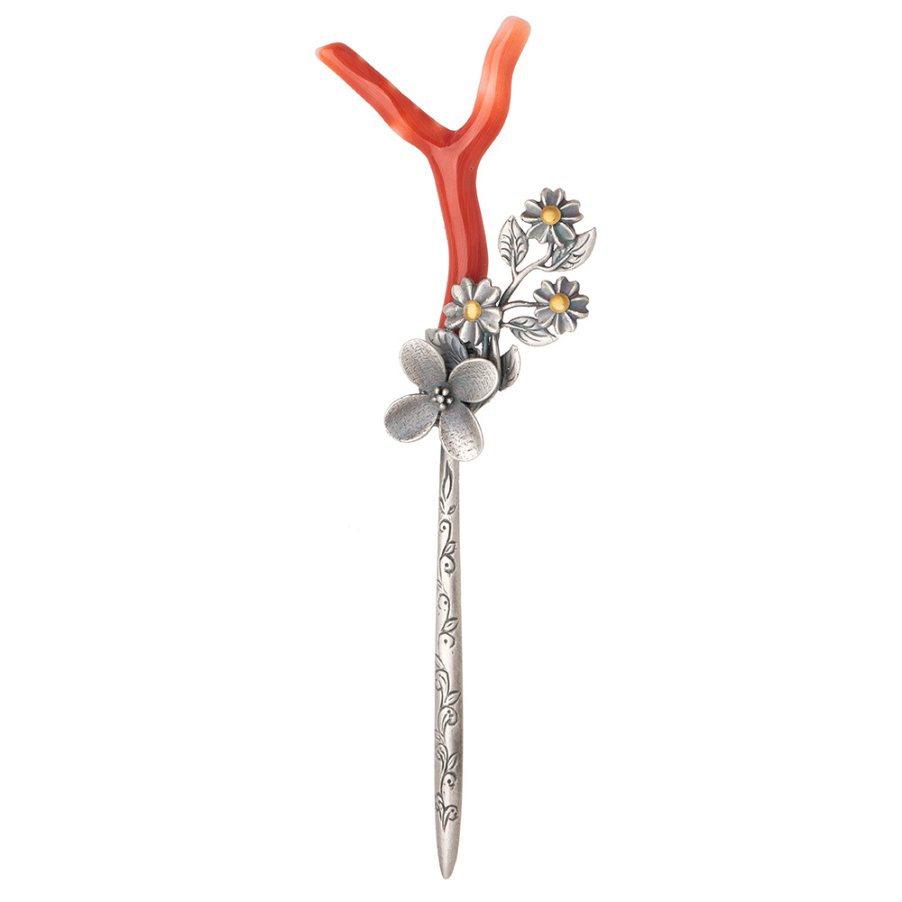 Coral silver dwikkoji hair ornament