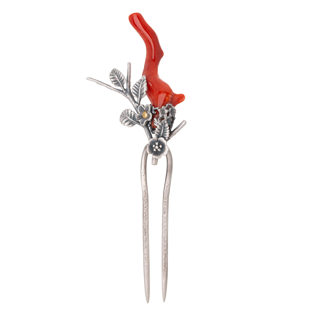 Coral silver dwikkoji hair ornament