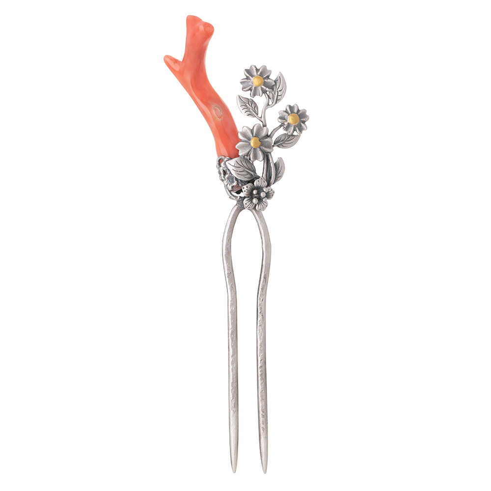 Coral silver dwikkoji hair ornament