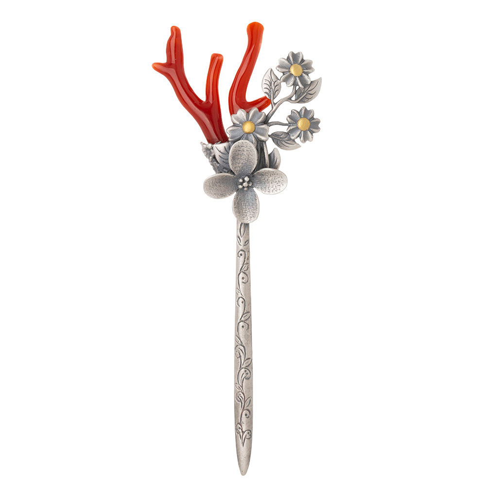 Coral silver dwikkoji hair ornament