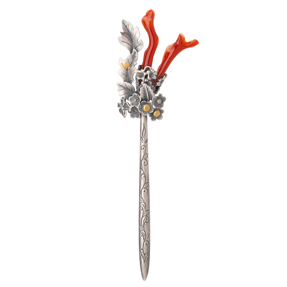 Coral silver dwikkoji hair ornament