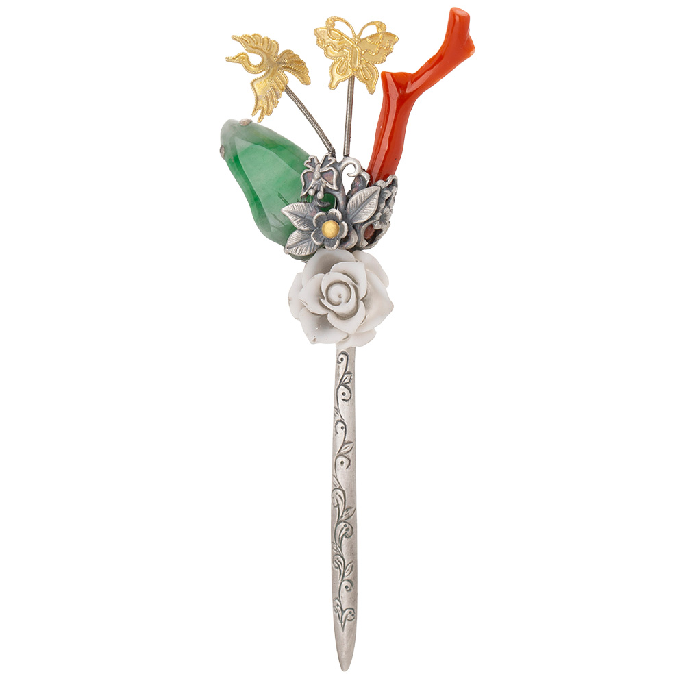 Coral silver dwikkoji hair ornament
