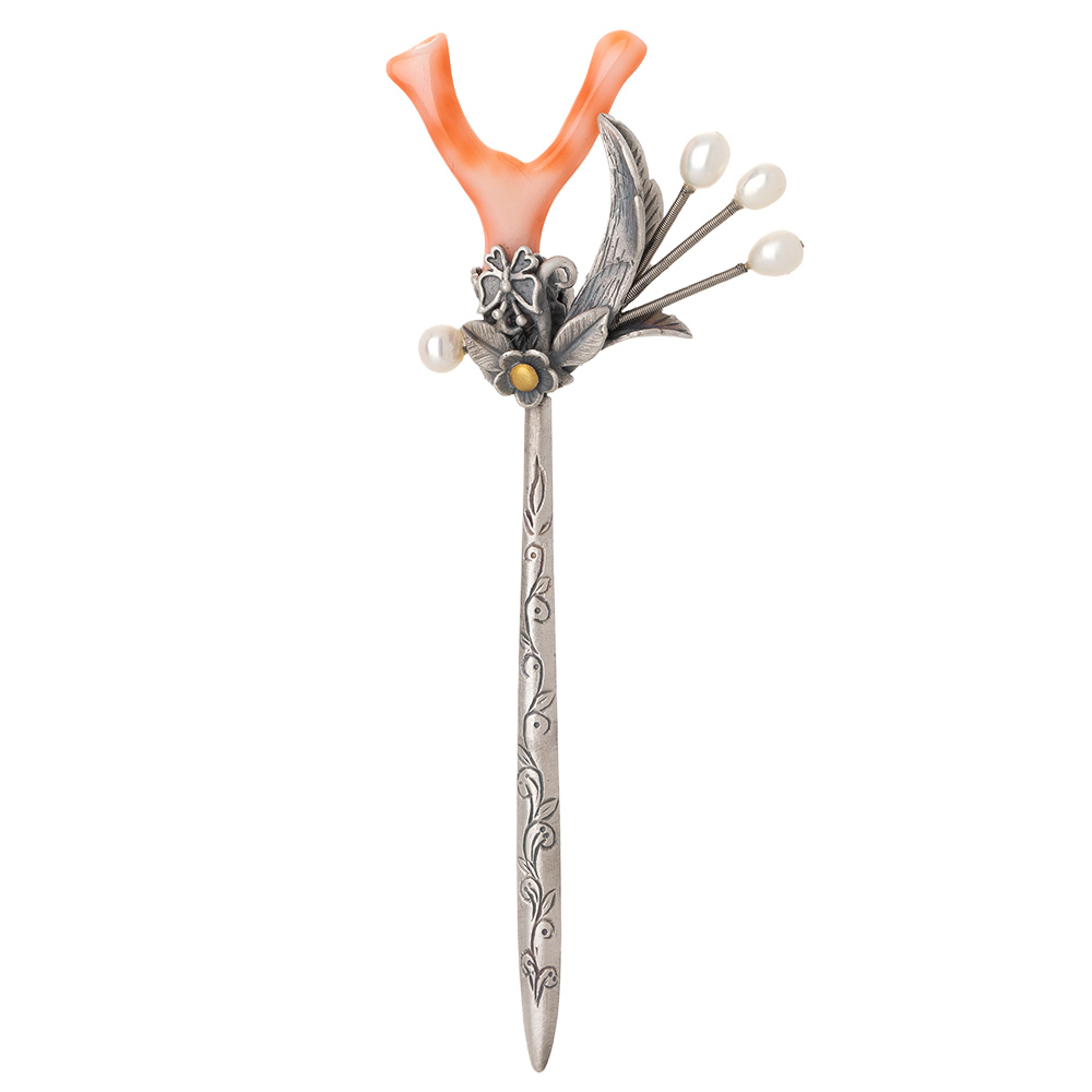 Coral silver dwikkoji hair ornament