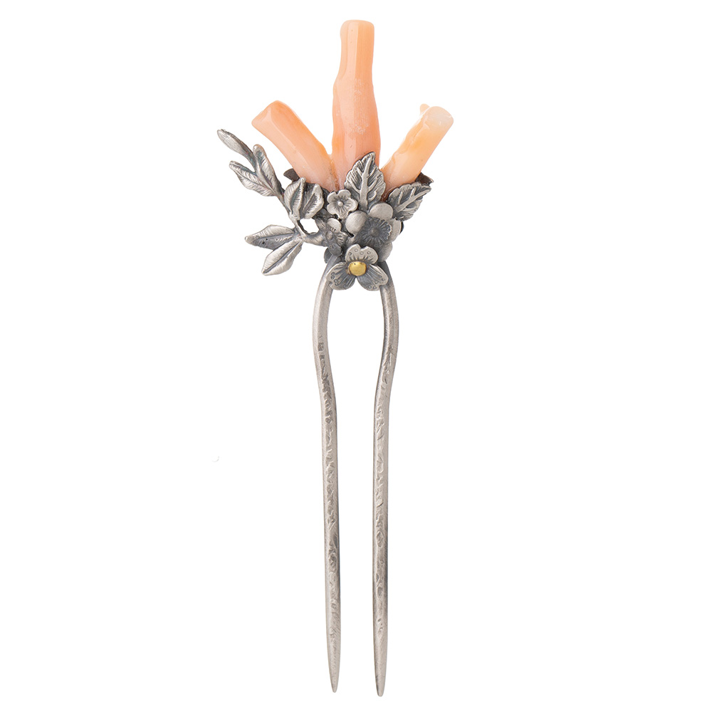 Coral silver dwikkoji hair ornament