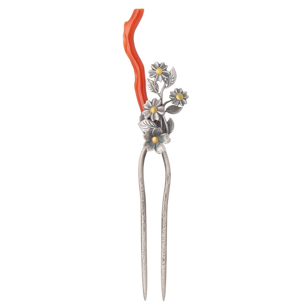Coral silver dwikkoji hair ornament