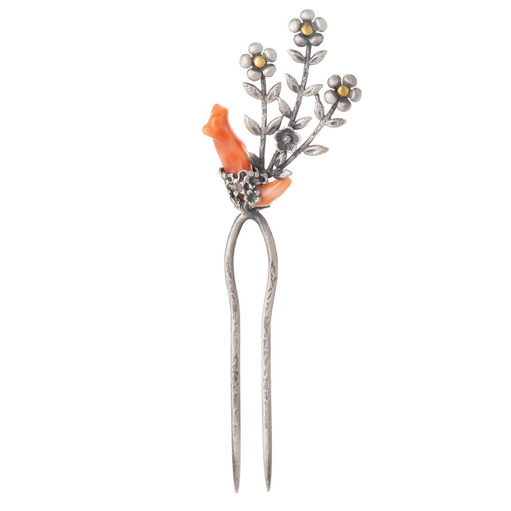 Coral silver dwikkoji hair ornament