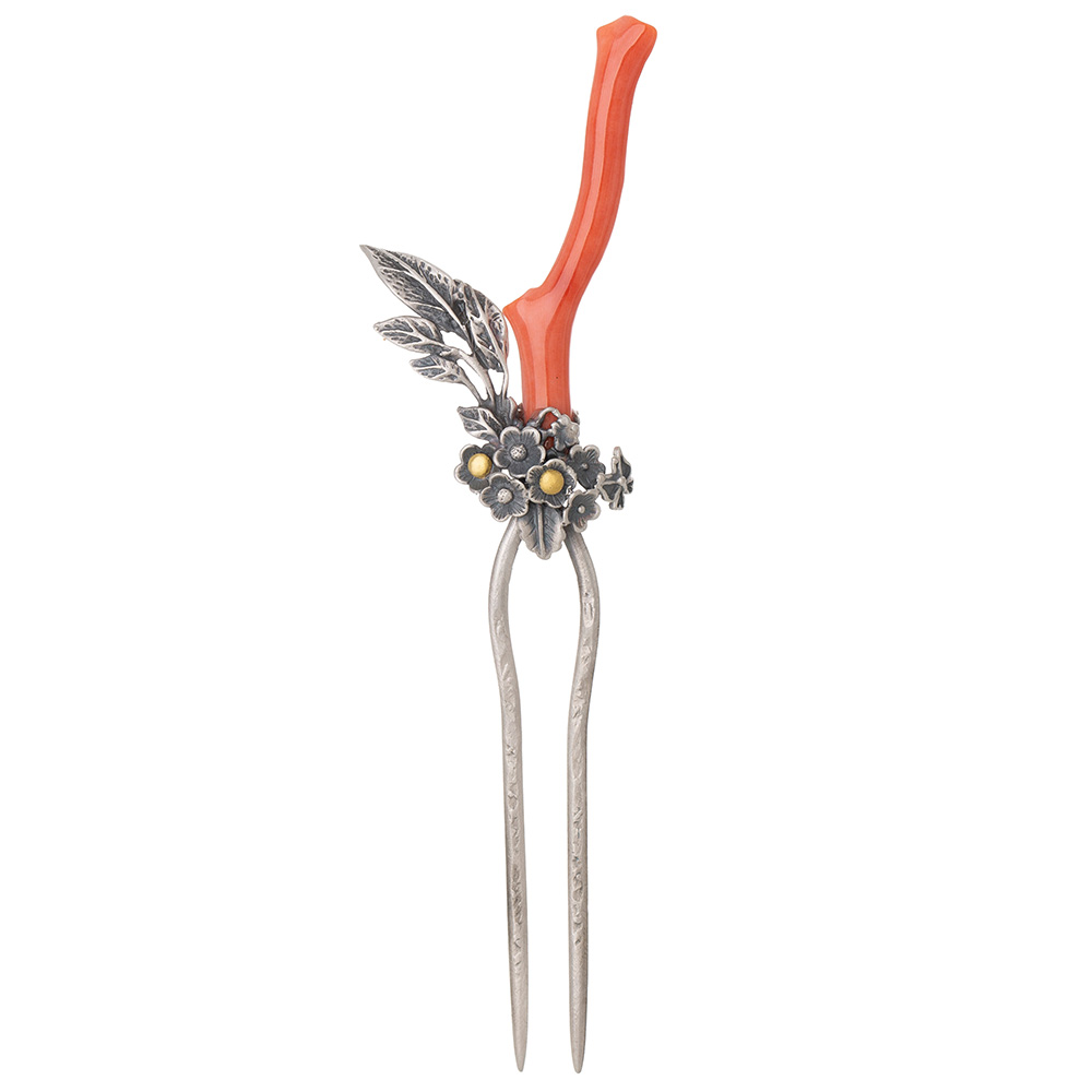 Coral silver dwikkoji hair ornament