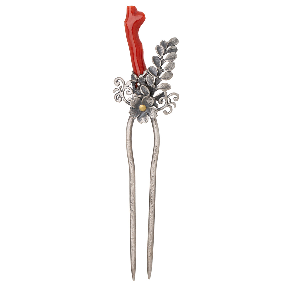Coral silver dwikkoji hair ornament