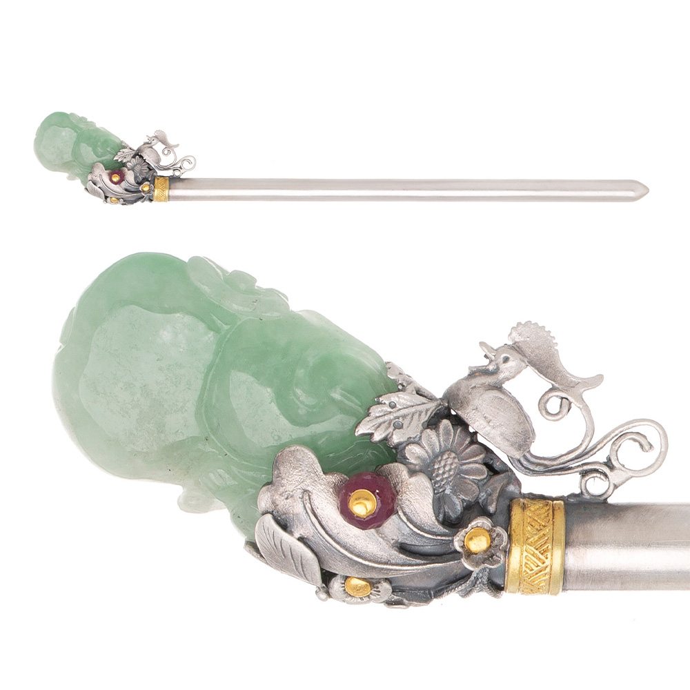 Mandarin duck jade silver binyeo hairpin (NASCHENKA Signature Binyeo)